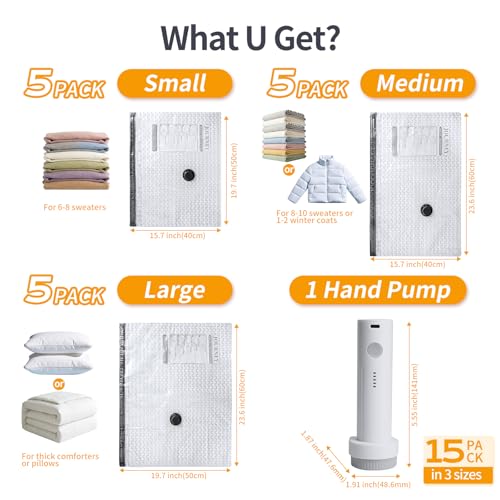 15 Pack Vacuum Storage Bags for Clothes with Pump, Vacuum Bags for Travel - size: 15 Pack Travel Size