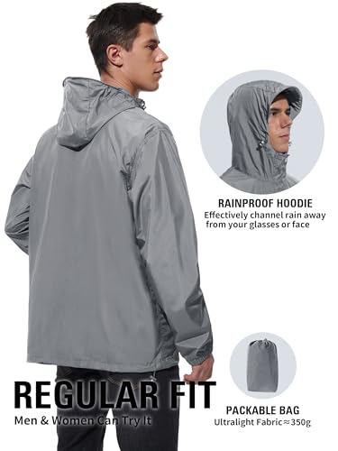 UIQUR Mens Lightweight Packable Waterproof Rain Jacket Windbreaker - color: Dark Grey, size: XX-Large