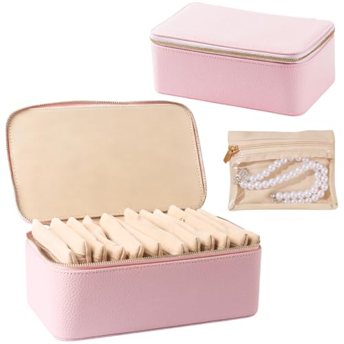 shunmei Travel Jewelry Box with 12 Velvet Jewelry Zipper Pockets, Hot Pink - color: Hot Pink - 12 Pouch