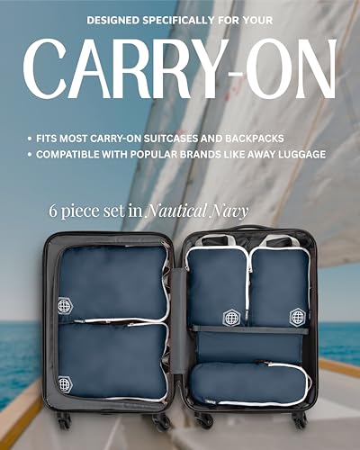 TRIPPED Travel Gear Compression Packing Cubes for Carry-On Travel 6-Pack - color: Nautical Navy (Navy Blue and White), size: 6 Piece