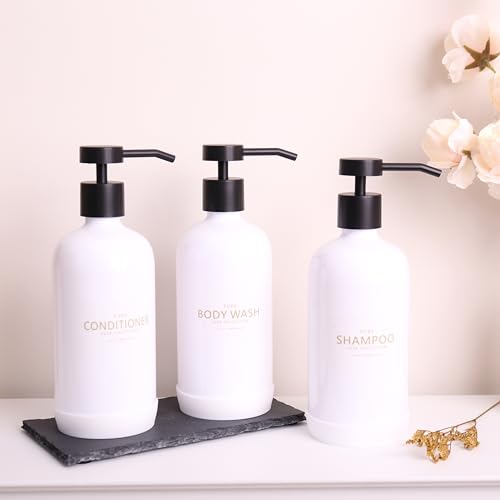 Shampoo and Conditioner Dispenser Set of 3 - color: White Bottles + Black Pumps