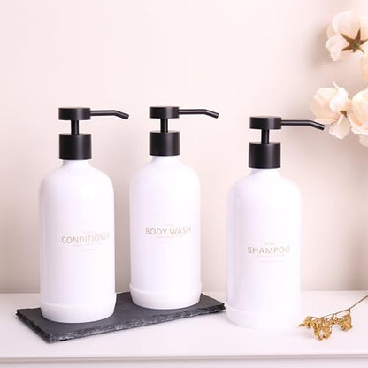 Shampoo and Conditioner Dispenser Set of 3 - color: White Bottles + Black Pumps