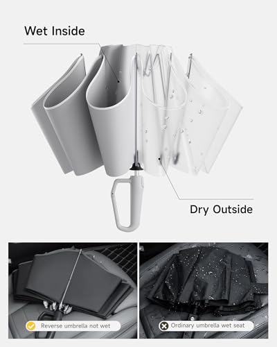 Windproof Travel Umbrella for Rain, Withstand 85MPH Winds, 52 Inch Automatic Reverse Fold Umbrellas Easy Auto Open Close, Portable Compact Umbrella Includes Cover Bag, Perfect for Travel, Car, Commute, Women Men, Backpack - color: Light Gray