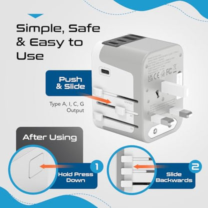 Ceptics Universal Travel Adapter, 3 USB-C + 2 USB-A with Universal Input - color: Smoke White