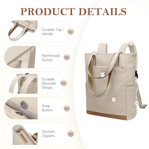 Convertible Laptop Backpack, Carry‑on Tote Backpack,16 Inch, Apricot - color: Apricot