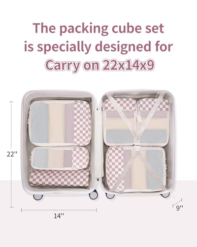 Narwey Compression Packing Cubes for Travel, Cute Luggage Organizer Bags - color: Z-Dusty Rose Checkerboard