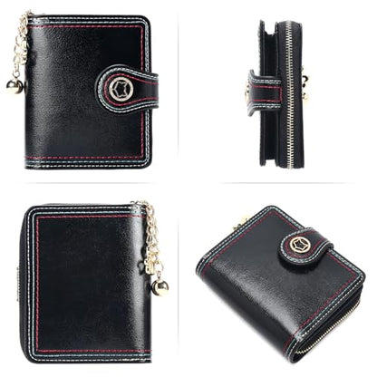 FOXLOVER PendantChain Zipper Small Wallet Women RFID Blocking Credit Card Bifold Wallet Business Card Holder with ID Window(Black) - color: 02-Black
