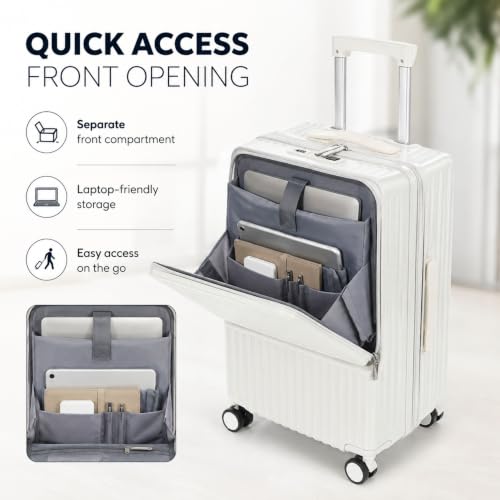 26 Inch Carry On Luggage with Front Opening, Hardside Suitcase with USB Port, Cup Holder, Bag Hook, 360° Spinner Wheels and 3-Digit Lock, White - color: white, size: 26 Inch