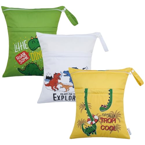 ALVA 2pcs Wet Dry Bags for Diaper Bag Waterproof Reusable with Two Pockets - color: Dinosaur yellow-white-green 25