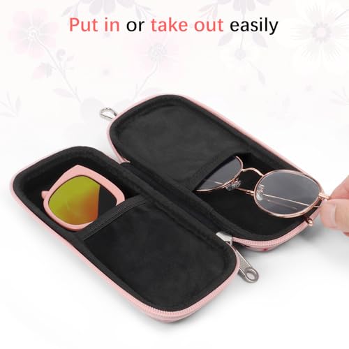 Double Eyeglasses Case for Dual Sunglasses, Hard Shell with Zipper - color: Pink Flower