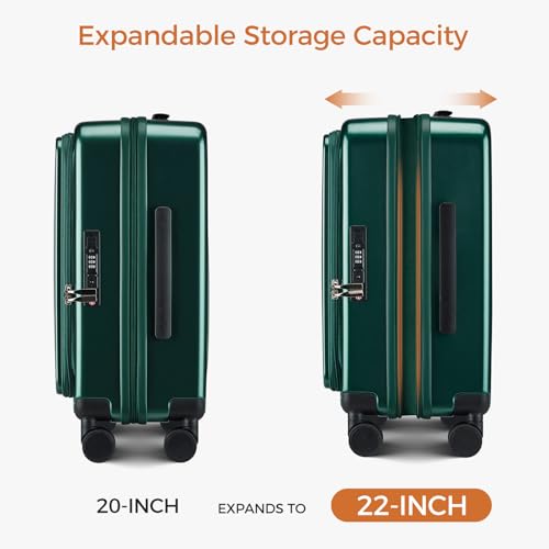 Carry On Luggage Top Opening with Cup Holder & Phone Holder, Expandable PC Hard Shell Suitcase with USB Charging Port, Side Hook, 360° Spinner Wheels, TSA Lock & YKK Zippers - color: Dark Green