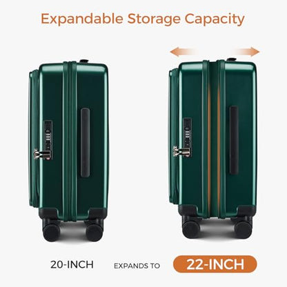 Carry On Luggage Top Opening with Cup Holder & Phone Holder, Expandable PC Hard Shell Suitcase with USB Charging Port, Side Hook, 360° Spinner Wheels, TSA Lock & YKK Zippers - color: Dark Green