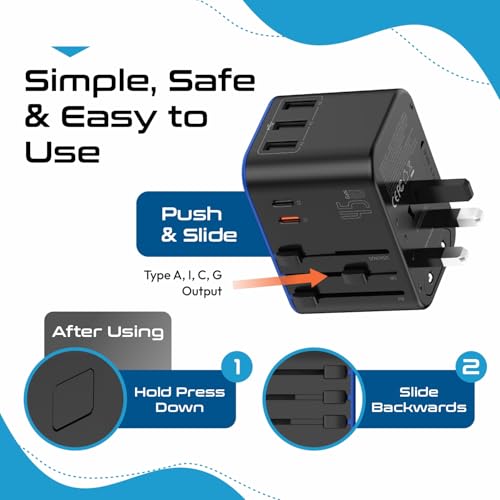 Ceptics 45W Universal Adapter, 3 USB-A, 2 USB-C, Universal Socket - 2 Pack - color: Jet Black
