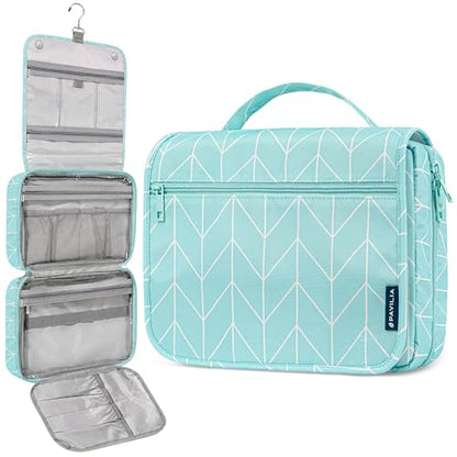 PAVILIA Hanging Toiletry Bag for Women, Travel Cosmetic Organizer, Teal - color: Teal Chevron