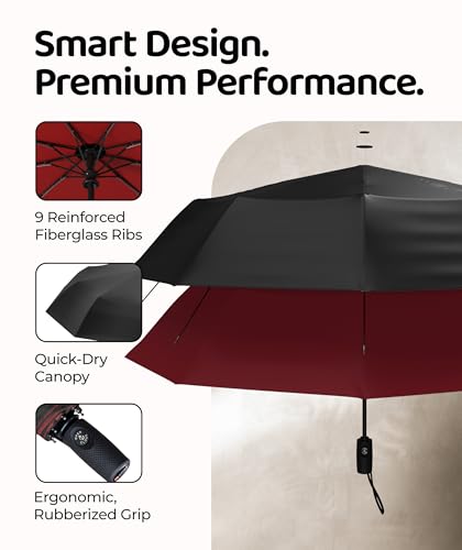 Windproof Travel Umbrella - Compact & Withstands Winds up to 100MPH, Strongest Premium Auto Folding Umbrella for Rain and Sun - Durable, Light & Portable for Women & Men, Fits Backpack & Cars - color: Black + Red 1-Pack