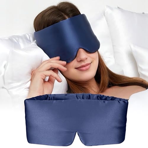 Silk Sleep Mask for Women and Men, Side Sleeper, 22 Momme Pure Mulberry Silk Total Blackout 100% Mulberry Eye Mask with Adjustable Headband Full Size, Eye Masks for Sleeping and Travel - color: Dark Blue