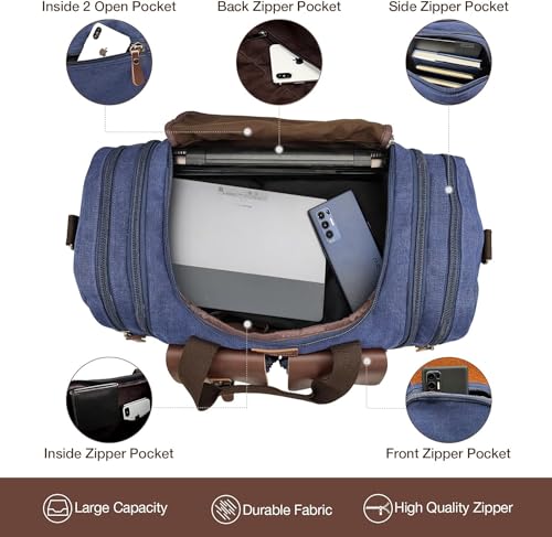 Wildroad Canvas Duffle Bag - 60L Expandable Weekender Overnight Travel Bag - color: Blue, size: X Large-60L Duffle Bag