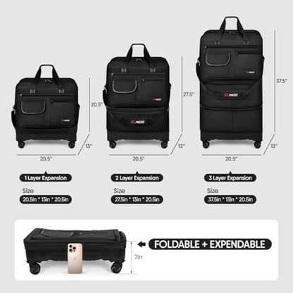36" Expandable Rolling Duffel Bag w/Wheel,3-Layer Foldable - color: BLACK