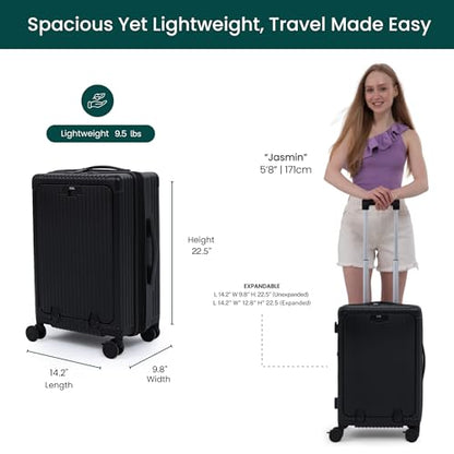 Nobl Travel Carry on Expandable Luggage, Aluminum Frame Hard Shell Suitcase | Airline Approved 22.5"x14.2"x9.8", 360° Spinner Wheels, TSA Locks, USB Charging, Cup & Phone Holder, Jet Black - color: Jet Black