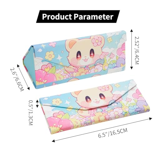 Foldable Glasses Case, Magnetic PU Leahter Sunglasses Case, Cute Hard Shell Folding Eyeglass Cases for Women Kids - color: Multicolor Flower Bear