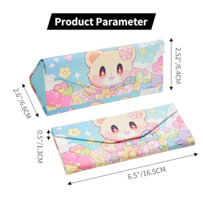 Foldable Glasses Case, Magnetic PU Leahter Sunglasses Case, Cute Hard Shell Folding Eyeglass Cases for Women Kids - color: Multicolor Flower Bear
