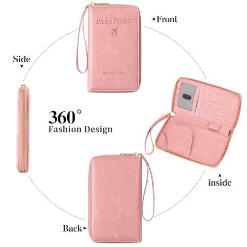 Leather RFID Blocking Passport Holder Travel Wallet, Passport Cover/Travel Wallet for Women/Men with - color: Light Pink