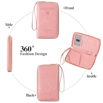 Leather RFID Blocking Passport Holder Travel Wallet, Passport Cover/Travel Wallet for Women/Men with - color: Light Pink