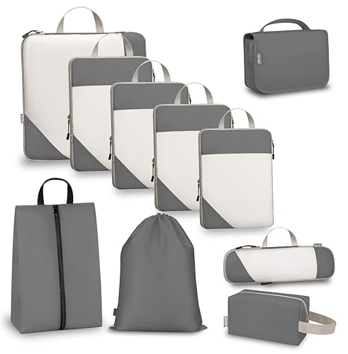 Compression Travel Packing Cubes with White Mesh, Grey, 10Pcs - color: Grey, size: Set of 10