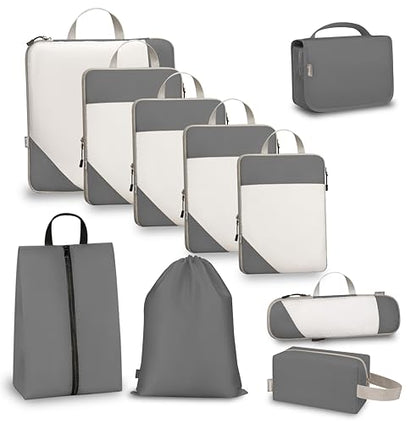 Compression Travel Packing Cubes with White Mesh, Grey, 10Pcs - color: Grey, size: Set of 10