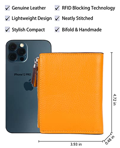 Women's RFID Blocking Leather Small Compact Bi-fold Zipper Pocket Wallet Card Case Purse with id Window - color: Lichee Yellow