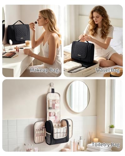 Narwey Hanging Toiletry Bag for Women, Quilted Travel Cosmetic Makeup Bag - color: Black
