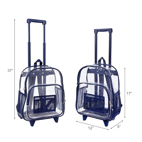 COVAX Rolling Clear Backpack, Heavy Duty See Through Bookbag, Transparent PVC Cold-resistant Backpack with Wheels (Navy) - color: Navy
