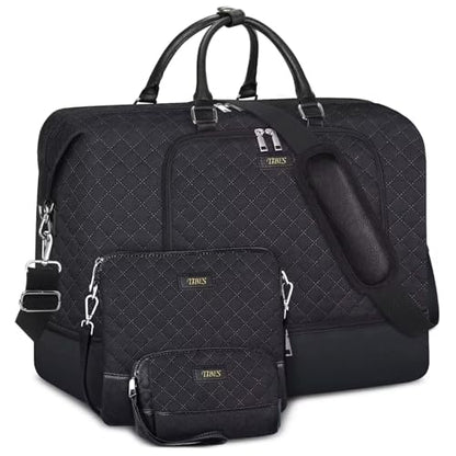 TIBES Travel Weekender Bag for Women, Overnight Bag with Shoe Compartment | 3PCS Large Travel Duffel Bag for Gym, Travel, Hospital, Business Trip, Carry On Tote, Wet & Dry Separation, Water Resistant - color: F-Black 3pcs