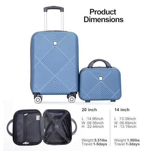 Tripcomp Carry-on Luggage Set 2 Piece Hardside Suitcase With Spinner Wheels - color: Blue-2, size: 2 Piece Set(14/20)