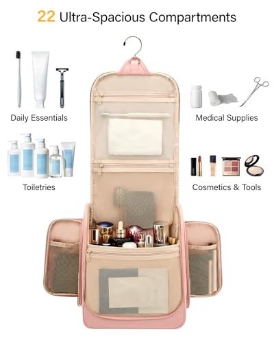 Hanke Hanging Travel Toiletry Bag for Women Water Resistant Makeup Bag - color: Pink