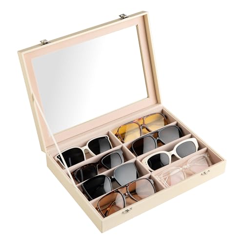 Frebeauty 8-Slot Sunglass Organizer,Sunglass Holder with Clear Lid - color: Beige, size: With Lid