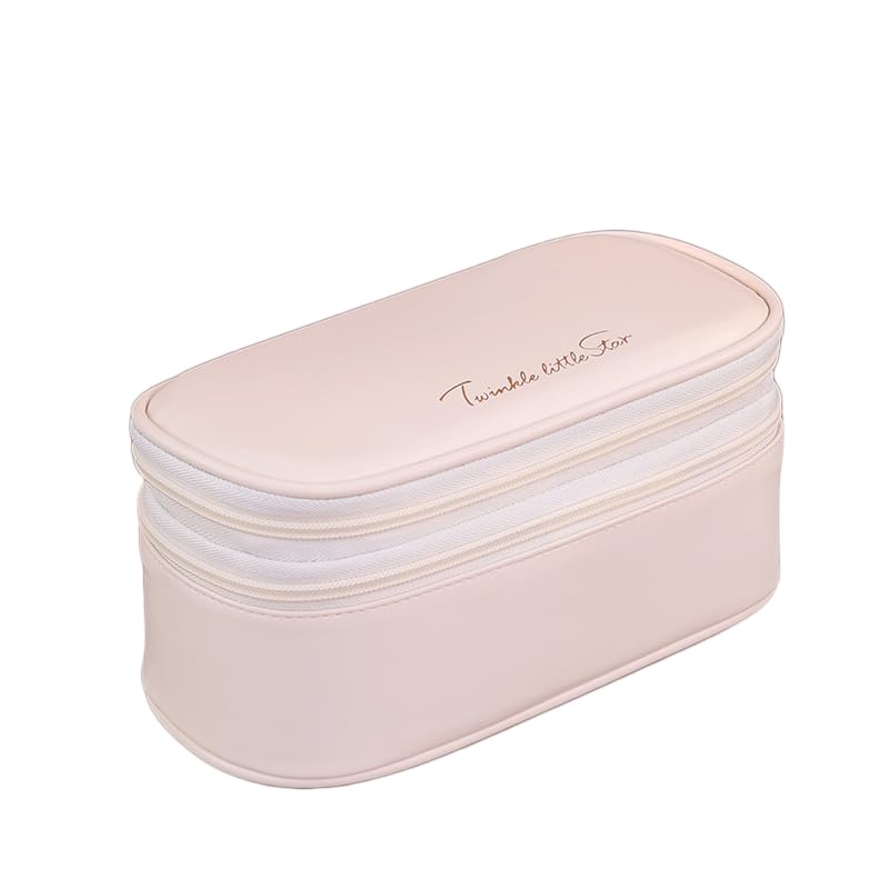 Double Layer Medium Capacity Portable Travel Makeup Bag Waterproof Organizer Women Easy Clean Convenient Carry On Cosmetic Storage - color: Cream White