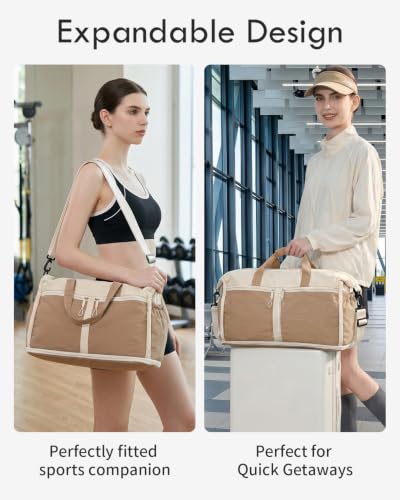 Expandable Travel Duffel Bag for Women Men Gym Bag Weekender Overnight Bag - color: Khaki