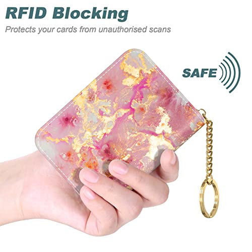 Credit Card Holder, Small RFID Card Wallet for Women, Slim Leather Wallet - color: Gold Pink Marble