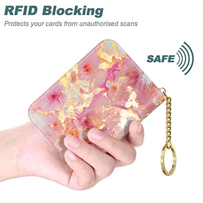 Credit Card Holder, Small RFID Card Wallet for Women, Slim Leather Wallet - color: Gold Pink Marble