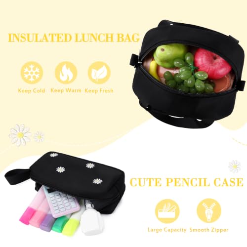 ACESAK 3PCS Embroidered Girls Backpack with Lunch Bag Set,Black Daisy - color: Black Daisy