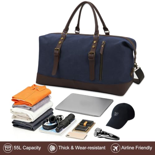 55L Canvas Duffle Bag for Men, Carry On Travel Weekender Overnight Bag - color: Blue
