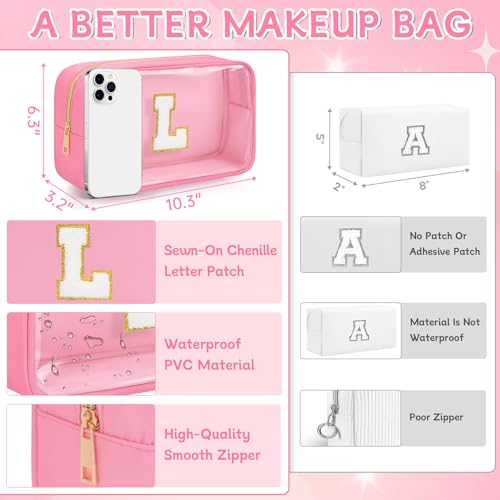 Initial Clear Makeup Bag, Birthday Gift Chenille Patch Cosmetic Bag - color: Pink, size: L