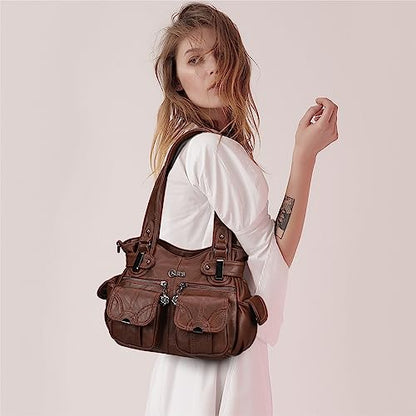 KL928 Women's Shoulder Purse Large Hobo Tote PU Leather Multi-Pocket Bag - color: Small#chestnut Brown
