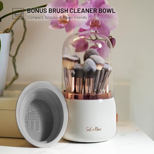 Rotating Makeup Brush Holder with Lid Dustproof Vanity Organizer for Makeup Brushes, Bonus Foldable Makeup Brush Cleaner Bowl Included - color: White