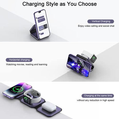 Wireless Charger 3 in 1,RTOPS Magnetic Travel Wireless Charging Station Multple Devices,GaN 3 in 1 Charging Station,Compatible for iPhone16/15/14/13/Pro/Max,iWatch,AirPods4/3/2/Pro (Adapter Includes) - color: deep purple