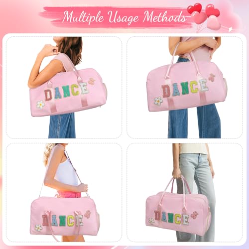 Dance Bag for Girls 2PCS Ballet Cheer Bag with Shoes Compartment Chenille Letter Embroidery for Dancer Travel Overnight bag - color: Purple