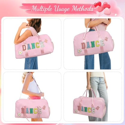 Dance Bag for Girls 2PCS Ballet Cheer Bag with Shoes Compartment Chenille Letter Embroidery for Dancer Travel Overnight bag - color: Purple