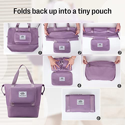 ZGWJ Travel Tote Bags, Expandable Overnight Weekender Bag for Women Foldable Carry-On - color: Purple