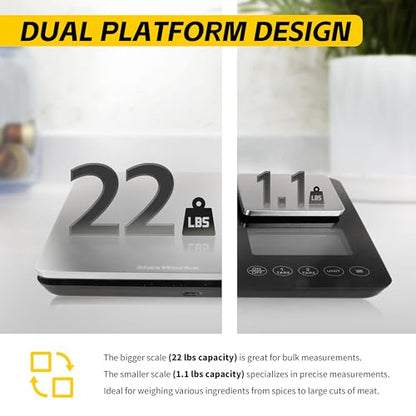 MaxWorks Precision Dual Platform Kitchen Scale Measure Bulk and Fine Ingredients Simultaneously 22 lb Max Capacity Stainless Steel and Glass Digital Scale with USB Charging and 2 Way Power (51069) - size: 22 Lb Capacity